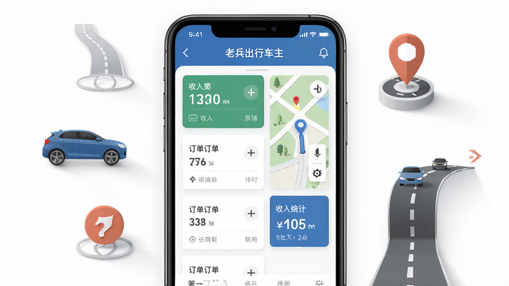 手机屏幕显示老兵出行车主端应用界面,画面中央是订单列表与地图导航模块,周围环绕汽车、道路、定位图标等元素,布局简洁清晰,风格为扁平化科技感,细节包含订单卡片、收入统计数字,画质高清,干净,无多余元素