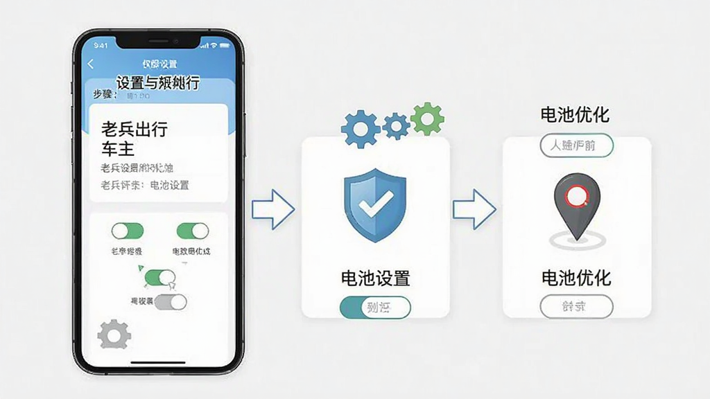 老兵出行车主端使用指南示意图,手机屏幕展示权限设置与电池优化界面,画面中有齿轮、盾牌、定位图标等元素,布局为步骤引导式,风格为简洁实用风,细节包含开关按钮与文字标签,画质清晰,干净,无多余元素
