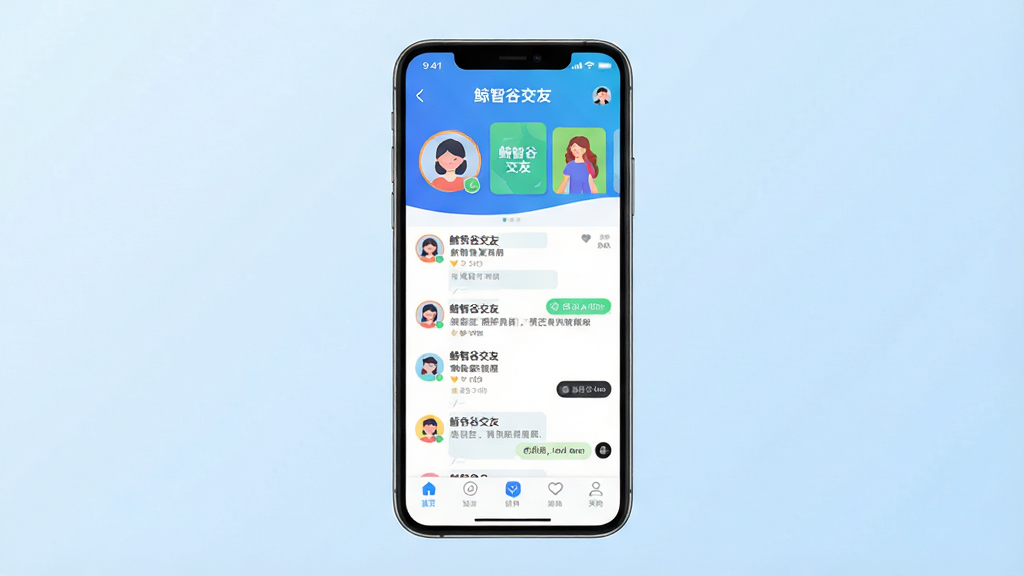鲸智谷交友 软件界面展示图。主体:一部现代智能手机,屏幕上显示着鲸智谷交友APP的主界面,界面包含用户头像卡片、聊天列表和底部导航栏。布局:手机居中放置,背景为柔和的浅蓝色渐变。排版:画面简洁,突出手机屏幕内容。风格:现代科技感,扁平化设计。细节:屏幕内文字清晰可见,包含“鲸智谷交友”字样,界面元素色彩鲜明。画质:高清,干净,无多余元素。