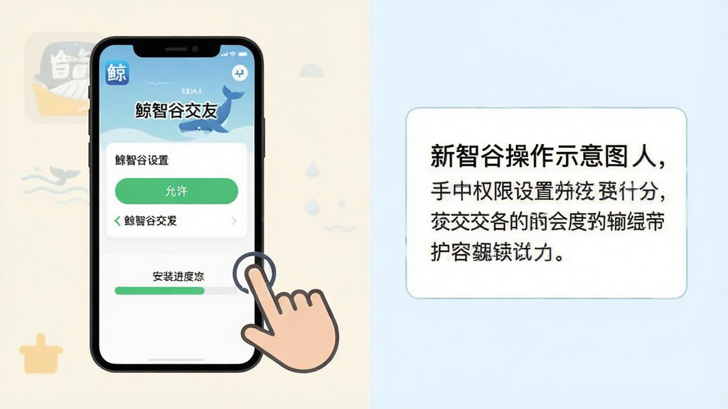 鲸智谷交友 新手操作示意图。主体:手机屏幕显示权限设置页面和安装进度条。布局:手机正面展示,旁边有手指点击屏幕的图标。排版:左右分栏,左侧手机,右侧文字说明框。风格:扁平化教程风格,浅色背景。细节:屏幕上显示“允许”和“鲸智谷交友”字样。画质:高清,干净,无多余元素。