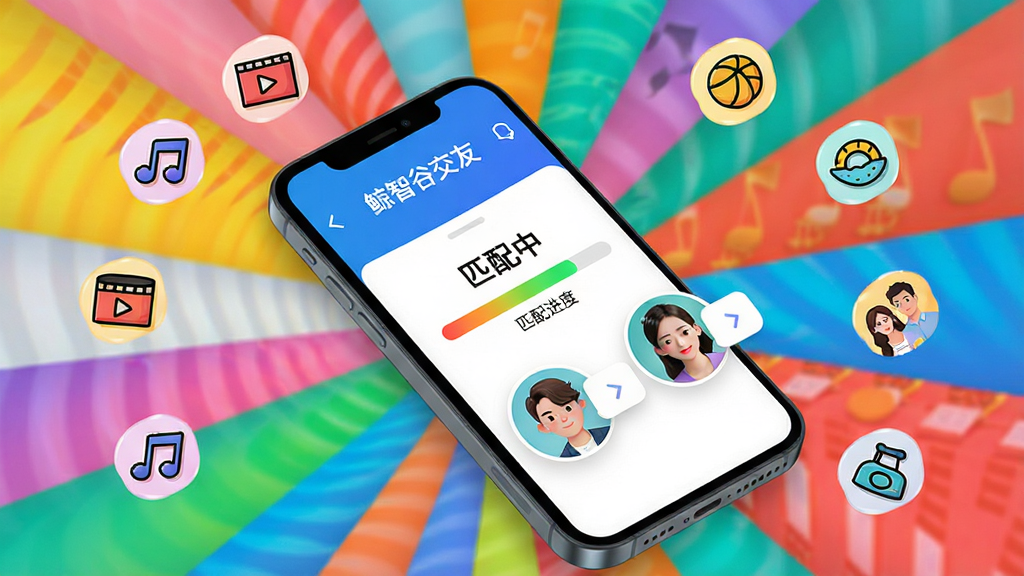 鲸智谷交友 智能匹配功能展示图。主体:手机屏幕显示匹配进度条和多个用户头像浮窗。布局:手机斜放,周围环绕着代表兴趣爱好的小图标如音乐、电影、运动。排版:放射状构图,视觉中心集中在手机屏幕。风格:活泼明快,色彩丰富。细节:屏幕中显示“匹配中”和“鲸智谷交友”字样。画质:高清,干净,无多余元素。