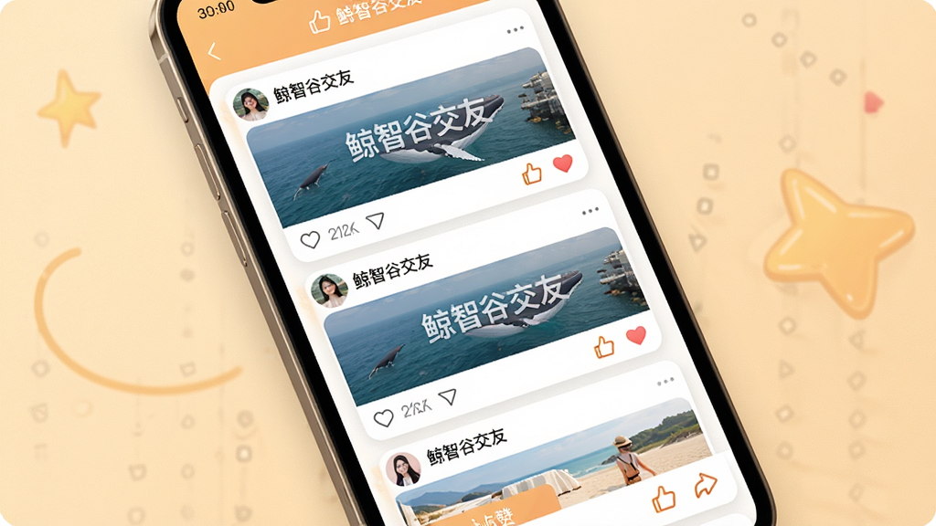 鲸智谷交友 动态社区界面图。主体:手机屏幕展示动态广场页面,包含用户发布的图文卡片和互动按钮。布局:卡片式瀑布流布局。排版:错落有致,视觉层次分明。风格:清新社交风,暖色调。细节:卡片上有“鲸智谷交友”水印和点赞图标。画质:高清,干净,无多余元素。
