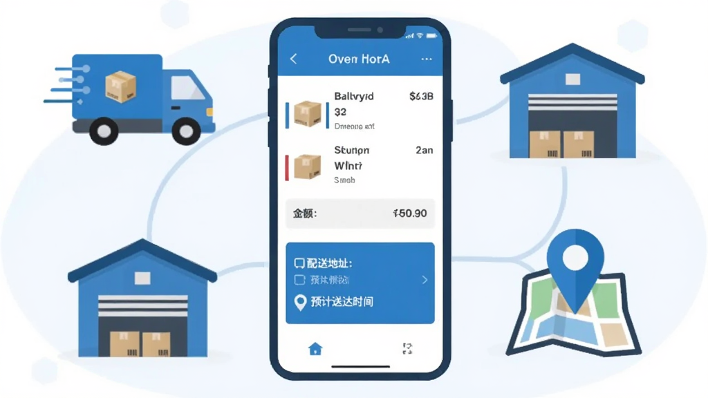 冻品云订单配送流程示意图,画面中央一部手机显示订单确认页面,页面上方为商品清单与金额合计,下方为配送地址与预计送达时间,手机周围环绕物流货车、仓库、地图定位等小图标,风格扁平化插画,色调以蓝白为主,画质干净,无多余元素