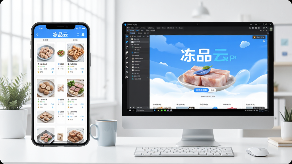 冻品云APP在手机与电脑模拟器上同时运行的对比展示图,左侧为竖屏手机显示冻品云商品列表,右侧为电脑屏幕显示安卓模拟器中的冻品云界面,背景为简洁办公桌面,色调明亮,风格写实,画质清晰,无多余元素