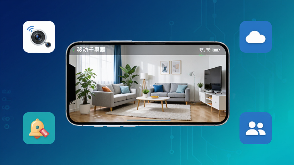 画面中央一部智能手机横屏显示“移动千里眼”监控画面,画面中是一间明亮的客厅,有沙发和绿植,手机周围环绕四个小图标分别代表摄像头、云存储、告警铃铛和多人共享,整体采用扁平化科技风格,深蓝与青色渐变背景,布局居中对称,细节干净利落,画质高清,无多余元素