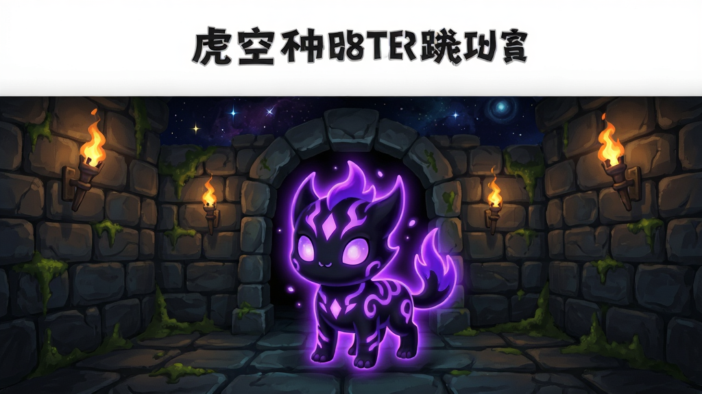 一张以虚空宠物地牢为主题的竖版游戏宣传图,画面主体是一只发着紫色光芒的可爱虚空宠物站在地牢入口,背景是深邃的星空与古老的石砖墙壁,布局采用中心对称构图,排版上方留白用于放置游戏名称,风格为暗黑卡通奇幻风,细节包括宠物身上的发光纹路、地牢石砖上的苔藓与火把光影,画质高清,干净,无多余元素