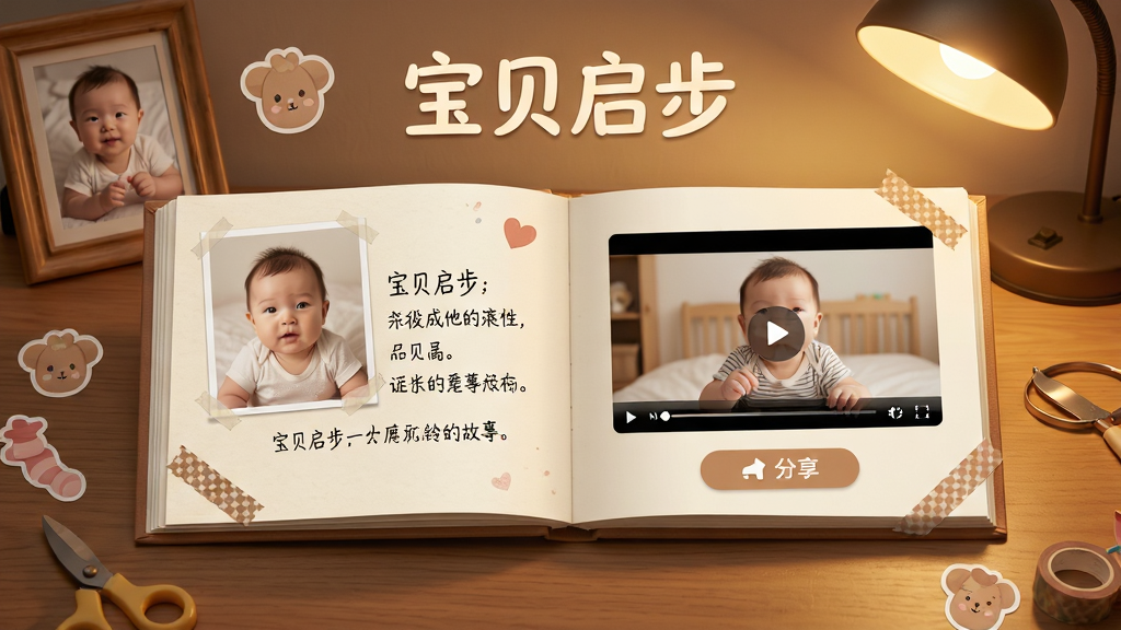 展示“宝贝启步”成长故事生成页面,画面中央是一本翻开的电子纪念册,左侧页面显示宝宝照片与手写体文字,右侧页面展示视频播放窗口与分享按钮,顶部有“宝贝启步”字样,背景为木质桌面与暖色灯光,风格温馨复古,细节包括相框、贴纸、胶带元素,画质高清,干净整洁