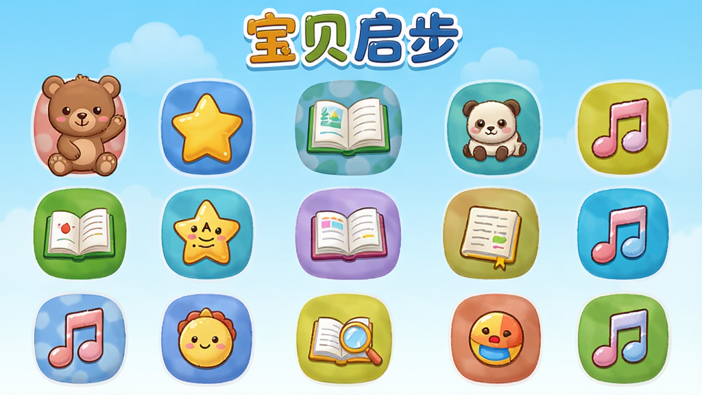 一款名为“宝贝启步”的儿童启蒙资源页面,界面中排列着儿歌、绘本、故事、游戏等分类图标,每个图标配有卡通插图,如小熊、星星、书本、音符等,顶部有“宝贝启步”文字,背景为浅蓝色渐变,布局采用网格排列,风格活泼可爱,画质清晰,无多余元素
