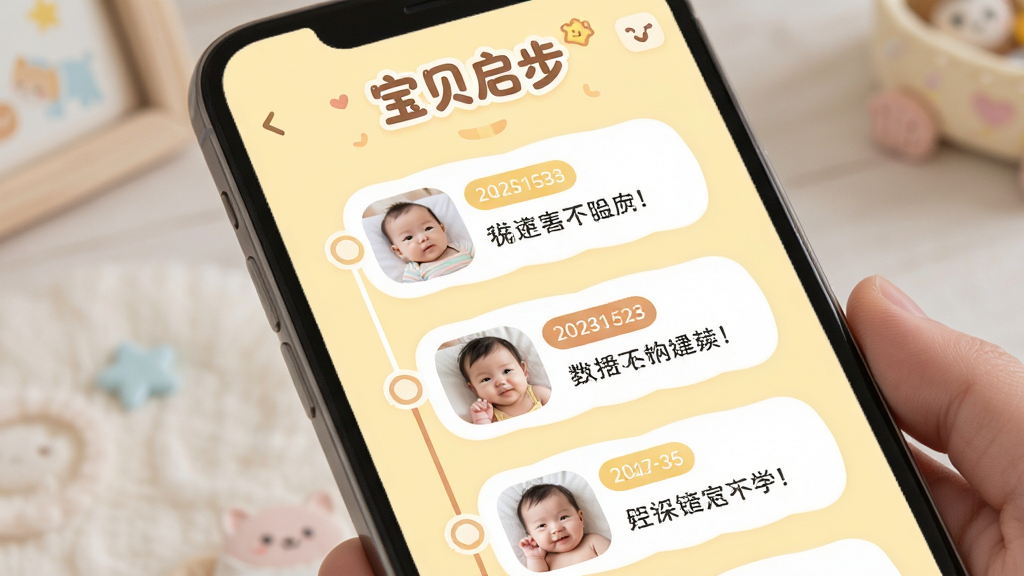 手机屏幕中展示“宝贝启步”成长相册界面,时间轴从上到下排列,每个节点配有宝宝照片缩略图、日期标签和简短文字描述,页面顶部有“宝贝启步”文字标识,背景为柔和的浅黄色,界面风格温馨可爱,图标圆润,排版整齐,画质清晰,干净无杂乱元素