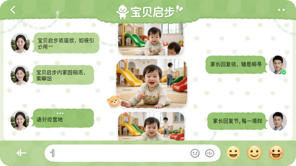 一款名为“宝贝启步”的应用内家园互动聊天界面,左侧显示老师头像与消息气泡,右侧显示家长回复,中间穿插宝宝在幼儿园活动的照片卡片,顶部有“宝贝启步”品牌标识,底部为输入框与表情按钮,整体布局清晰,配色以浅绿和白色为主,风格亲切自然,画质细腻,无多余装饰