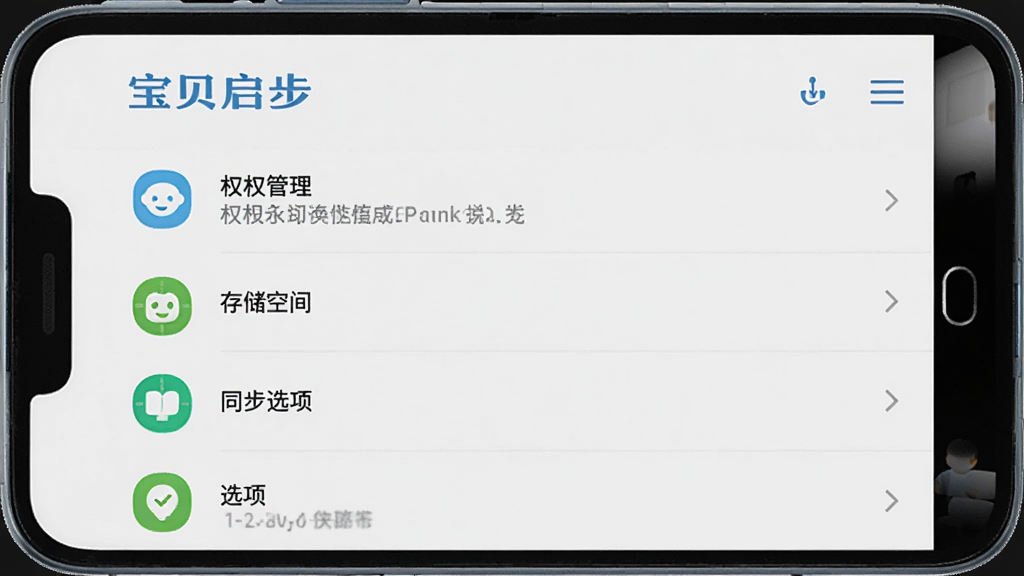 一部安卓手机屏幕显示“宝贝启步”应用设置界面,画面中有权限管理、存储空间、同步选项等列表项,顶部有“宝贝启步”文字标识,背景为浅灰色,图标为蓝色和绿色,布局清晰,风格简约,画质高清,干净无多余元素