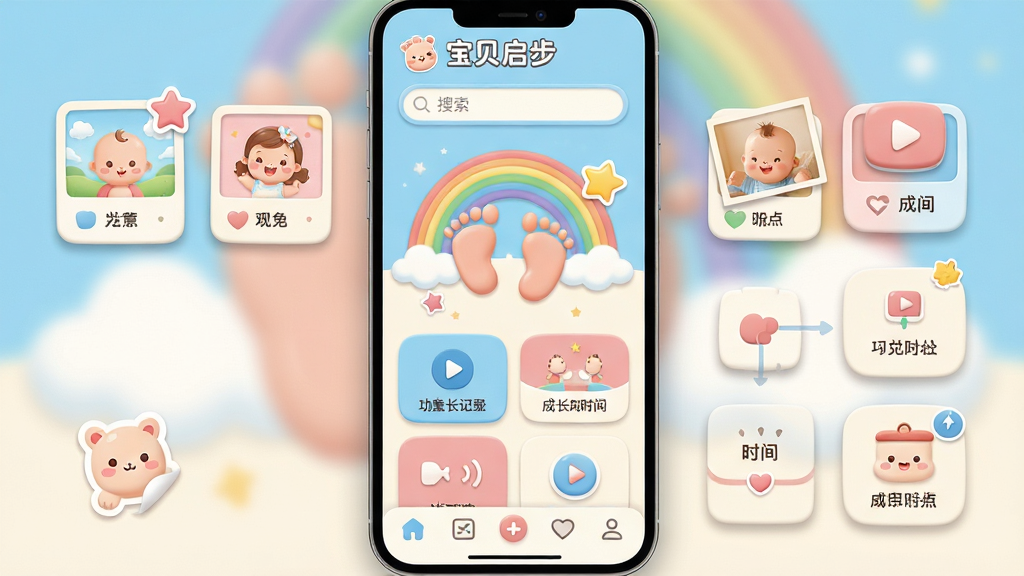 一款名为“宝贝启步”的儿童成长记录手机应用主界面展示,画面中央是卡通风格的婴儿脚印与彩虹元素,四周环绕着照片卡片、视频播放按钮、成长时间轴等图标,布局采用上下结构,上方为品牌Logo与搜索栏,中部为功能卡片网格,下方为底部导航栏,整体风格清新温暖,配色以天蓝、淡粉、米白为主,细节包括圆角图标、柔和阴影、可爱贴纸点缀,画质高清,干净整洁,无多余元素