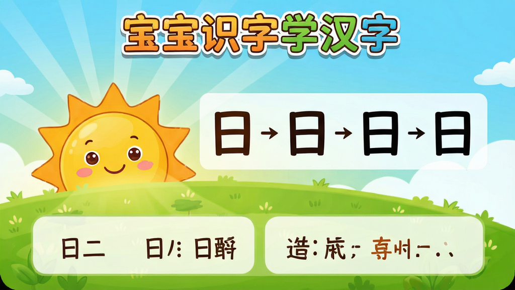 宝宝识字学汉字趣味动画识字功能界面,画面中一个卡通太阳从地平线升起,旁边显示汉字“日”的演变过程,下方配有组词和造句示例,界面顶部有“宝宝识字学汉字”标识,整体风格为明快卡通插画,色彩鲜艳但不刺眼,布局分区明确,排版整齐,画质清晰干净,无多余装饰元素