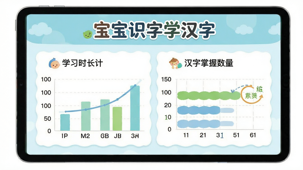 宝宝识字学汉字家长管控中心界面展示,画面中显示学习报告图表,包括学习时长统计和汉字掌握数量,界面顶部有“宝宝识字学汉字”标志,整体采用清新浅色风格,布局规整,排版清晰,画质干净无多余元素