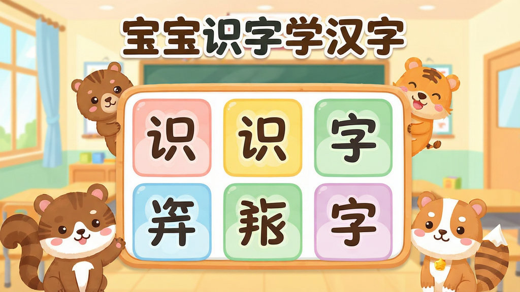 宝宝识字学汉字软件主界面展示,画面中央是一块彩色卡通风格的汉字卡片区域,周围环绕可爱的动物卡通形象,背景是明亮的教室场景,顶部有软件名称“宝宝识字学汉字”字样,整体采用扁平化卡通插画风格,色彩柔和温暖,布局清晰有序,排版简洁大方,画质高清干净,无多余元素
