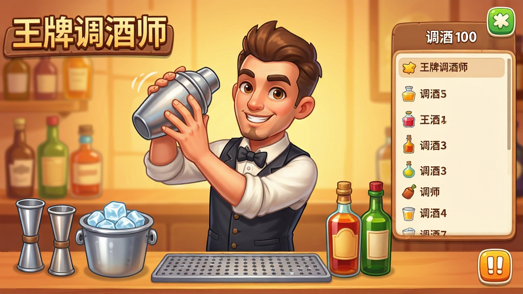 卡通风格手机游戏画面,一位穿着马甲的调酒师双手拿着调酒壶正在摇晃,吧台上摆放着量酒器、冰块桶和几瓶不同颜色的酒,画面右侧显示调酒配方列表,画面左上角有“王牌调酒师”文字标识,整体色调温暖明亮,休闲游戏UI风格,细节精致,画质干净清晰