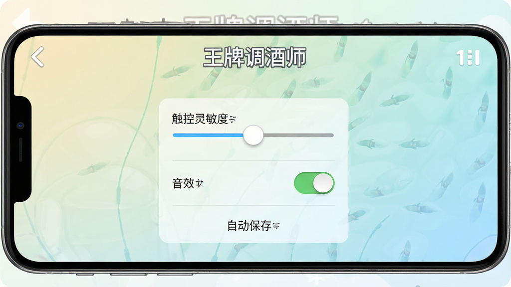 手机屏幕显示游戏设置界面,画面中有触控灵敏度滑块、音效开关、自动保存选项等设置项,界面风格简洁清新,顶部有“王牌调酒师”文字,背景为浅色渐变,整体为手机游戏设置页面UI设计,干净整洁,画质清晰