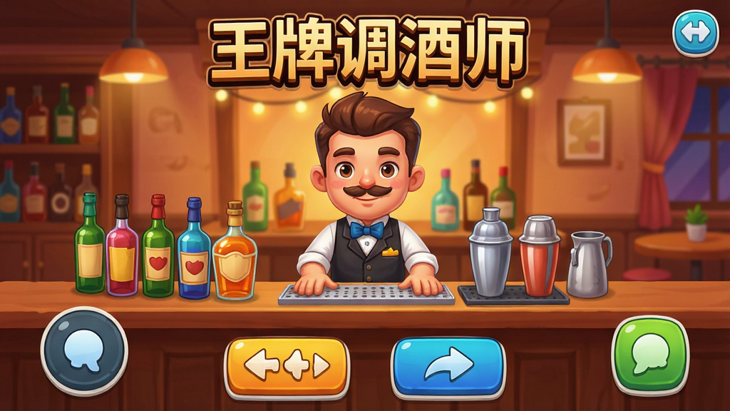 手机游戏界面截图风格,画面中央是一个卡通风格的调酒师站在吧台后方,吧台上摆放着各种颜色的酒瓶和调酒器具,背景是温馨的酒吧环境,暖色调灯光,画面下方有游戏操作按钮,画面上方显示“王牌调酒师”游戏标题文字,整体风格为休闲手游UI界面,色彩鲜艳,细节丰富,画质清晰干净,无多余元素