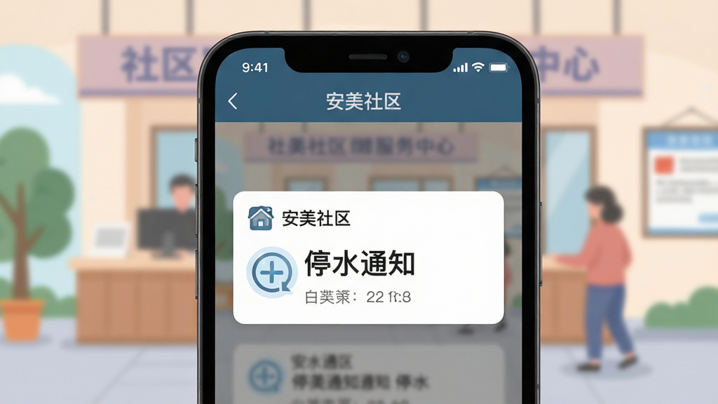 画面主体为手机屏幕特写,屏幕中弹出“安美社区”的公告通知卡片,卡片上有“停水通知”字样,背景为虚化的社区服务中心场景。风格为扁平化插画,色彩柔和,细节清晰,画质干净,文字“安美社区”出现在手机顶部状态栏。