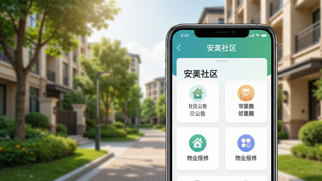 画面主体为一部智能手机,屏幕上显示“安美社区”应用主界面,界面包含社区公告、邻里圈、物业报修等模块图标,布局简洁清晰。背景为温馨的现代小区环境,有绿树和楼房。风格为写实科技风,细节丰富,画质清晰,干净无多余元素,文字“安美社区”清晰可见。