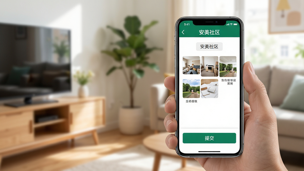 画面主体为手机屏幕显示“安美社区”报修页面,页面中有上传照片的缩略图和提交按钮,背景为家居环境的一角。风格为写实摄影风,光线明亮,细节丰富,画质干净,文字“安美社区”在页面顶部导航栏。