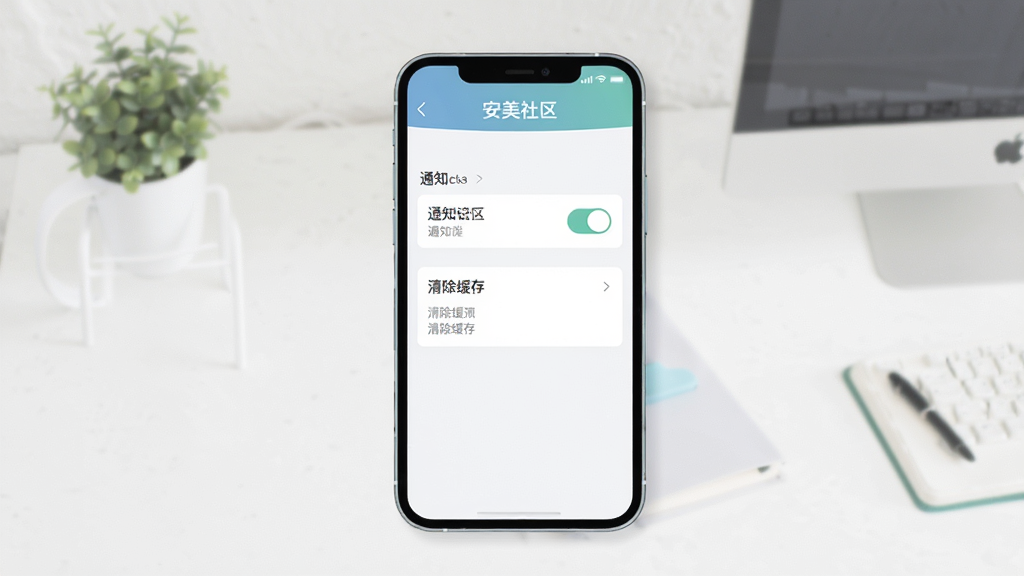 画面主体为手机屏幕显示“安美社区”的设置页面,页面中有通知开关、清除缓存等选项,背景为简洁的桌面。风格为扁平化UI,色彩柔和,细节清晰,画质干净,文字“安美社区”位于页面顶部。