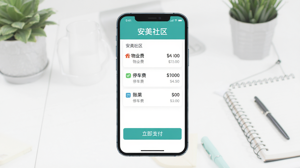 画面主体为手机屏幕展示“安美社区”缴费页面,页面列出物业费、停车费等账单条目,下方有“立即支付”按钮,背景为简洁的桌面。风格为扁平化设计,色彩清新,细节清晰,画质干净,文字“安美社区”出现在页面标题处。
