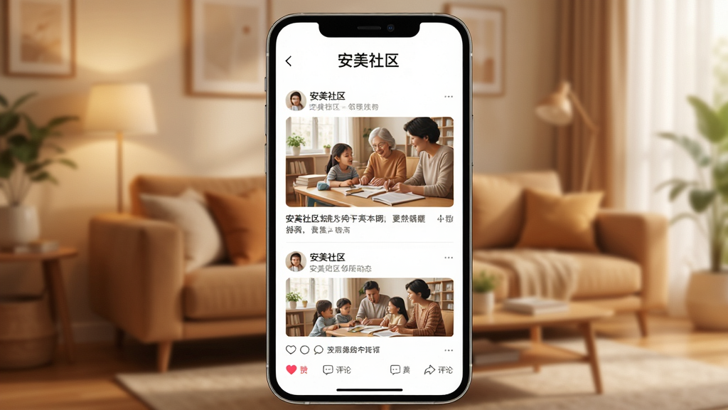 画面主体为手机界面展示“安美社区”邻里圈动态列表,动态包含图片和文字,下方有点赞评论图标,背景为暖色调的客厅环境。风格为现代简约UI风格,细节精致,画质清晰,文字“安美社区”位于界面顶部。