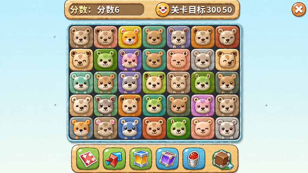 软件主界面截图,画面中央是色彩缤纷的动物方块棋盘,上方显示分数与关卡目标,下方有道具栏,整体风格卡通可爱,画质清晰干净,无多余元素
