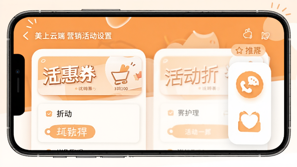 �����ƶ�Ӫ������ý��棬�ֻ���Ļ��ʾ�Ż�ȯ���ۿ�������壬�������л��ǩ������ͼ�꣬����Ϊů��ɫ���ɫ���䣬���������죬�������������ʸɾ����޶���Ԫ��