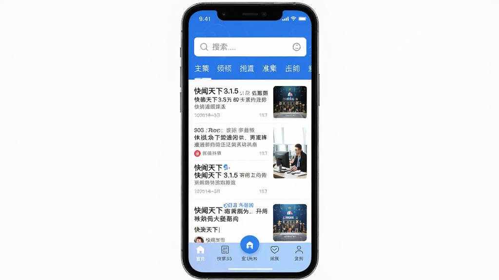 快闻天下 3.1.5版本软件主界面截图,画面中心展示手机屏幕,屏幕内显示新闻资讯列表,顶部有搜索栏和频道分类标签,底部有导航栏,整体布局紧凑,风格简洁现代,蓝色与白色为主色调,画质清晰,干净无多余元素