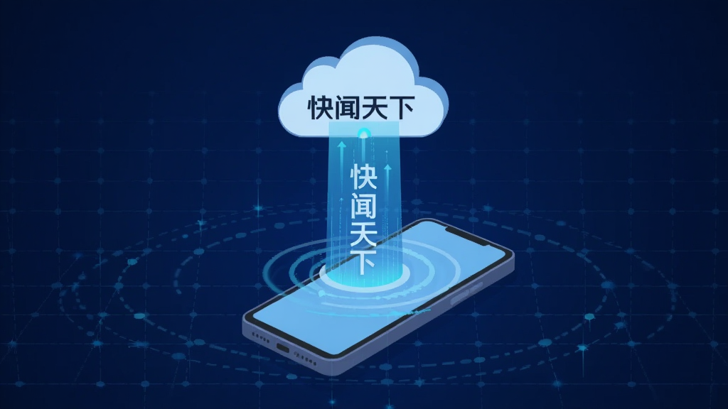 快闻天下 极速加载概念图,画面主体是一部智能手机,屏幕中射出光束连接云端服务器,光束中带有“快闻天下”文字标识,背景为深蓝色科技感网格,排版居中,风格扁平化,细节展示数据传输波纹,画质高清,干净无多余元素