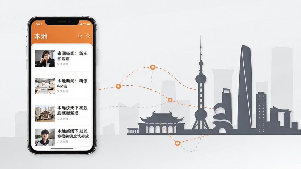 快闻天下 本地新闻功能展示图,画面左侧为手机界面,显示“本地”频道下的民生新闻列表,右侧为城市地标剪影,中间用虚线连接,风格简约商务,主色调为浅灰与橙色点缀,排版清晰,画质干净