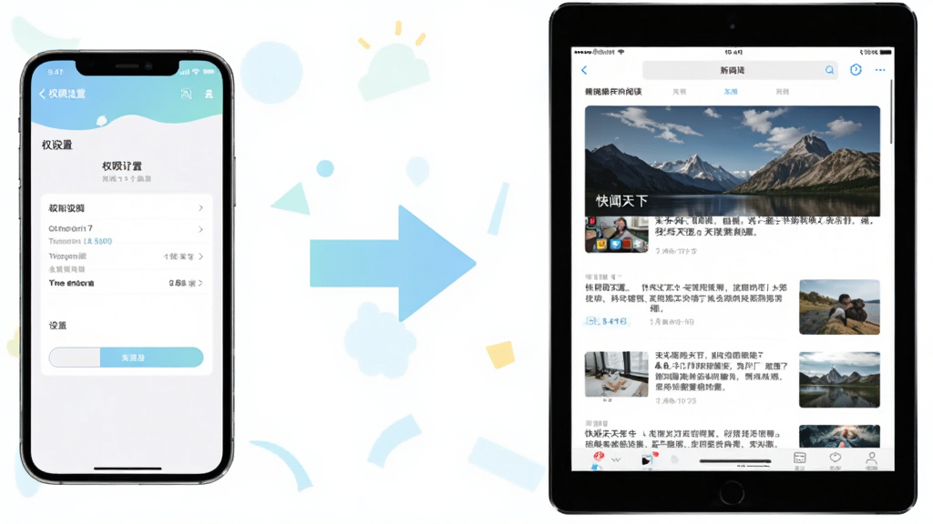 快闻天下 移动端操作攻略示意图,画面展示一部手机和一部平板电脑,手机屏幕显示权限设置界面,平板屏幕显示新闻阅读界面,中间用箭头连接,风格清新浅色,排版左右分布,画质清晰,无多余元素