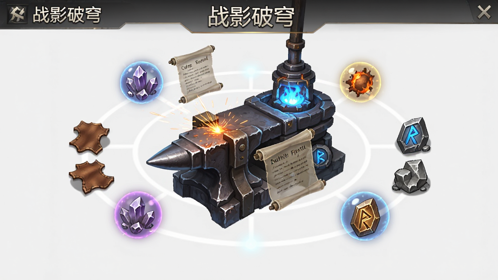 战影破穹工坊锻造界面示意图,主体为悬浮在空中的巨大锻造台与四散的材料光球,布局为环形放射状,排版上锻造台居中,四周环绕矿石、皮革、符文石等图标,风格为魔幻工业风UI界面,细节包括铁砧上的火花、熔炉中的蓝色火焰、半透明的配方卷轴,画质为高清,干净无多余元素,画面中带有“战影破穹”文字