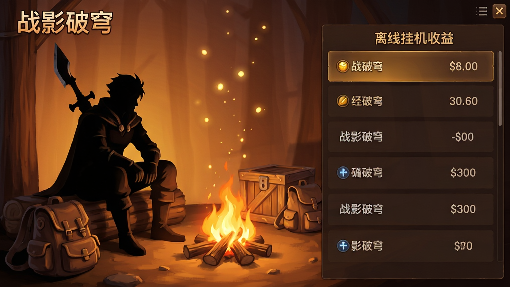 战影破穹离线挂机收益界面,主体为一位角色坐在篝火旁休息,布局为左右分栏,左侧为角色剪影,右侧为收益列表,风格为温暖奇幻插画,细节包括篝火的光晕、飘散的经验光点、木箱与背包,画质为高清,干净无多余元素,画面中带有“战影破穹”文字