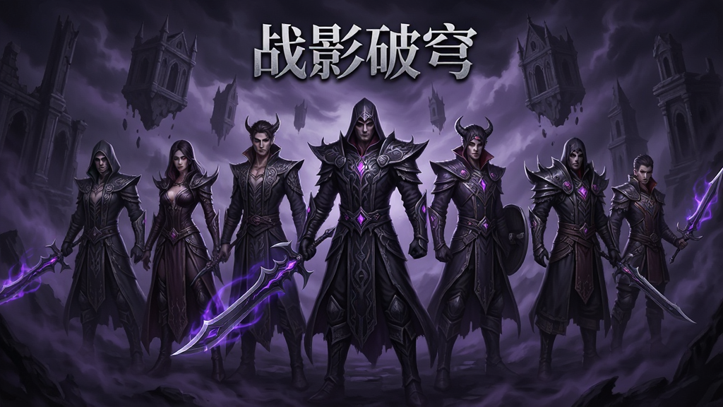 战影破穹暗黑魔幻画风展示图,主体为游戏内多个不同职业角色并排站立,布局为横向排列,排版上角色占据画面中部,风格为暗黑哥特魔幻CG,细节包括角色服饰上的暗纹、武器上的光效、背景中漂浮的残破建筑与暗紫色雾气,画质为超清,干净无多余元素,画面中带有“战影破穹”文字