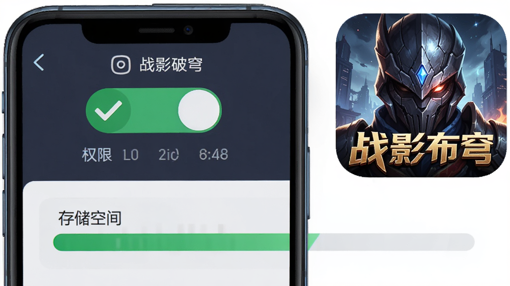 战影破穹移动端安装权限设置示意图,主体为手机屏幕显示设置界面与游戏图标,布局为上下结构,上方为权限开关,下方为存储空间条,风格为扁平化科技UI,细节包括绿色对勾图标、进度条、手机边框,画质为高清,干净无多余元素,画面中带有“战影破穹”文字