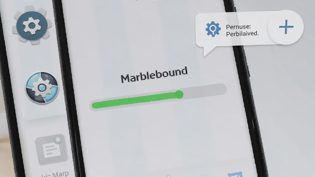 Marblebound游戏在安卓手机上的安装界面截图,画面展示手机屏幕中正在安装游戏的进度条,背景是简洁的浅色桌面,周围有设置图标和权限提示气泡,风格写实,排版清晰,画质干净,无多余元素。