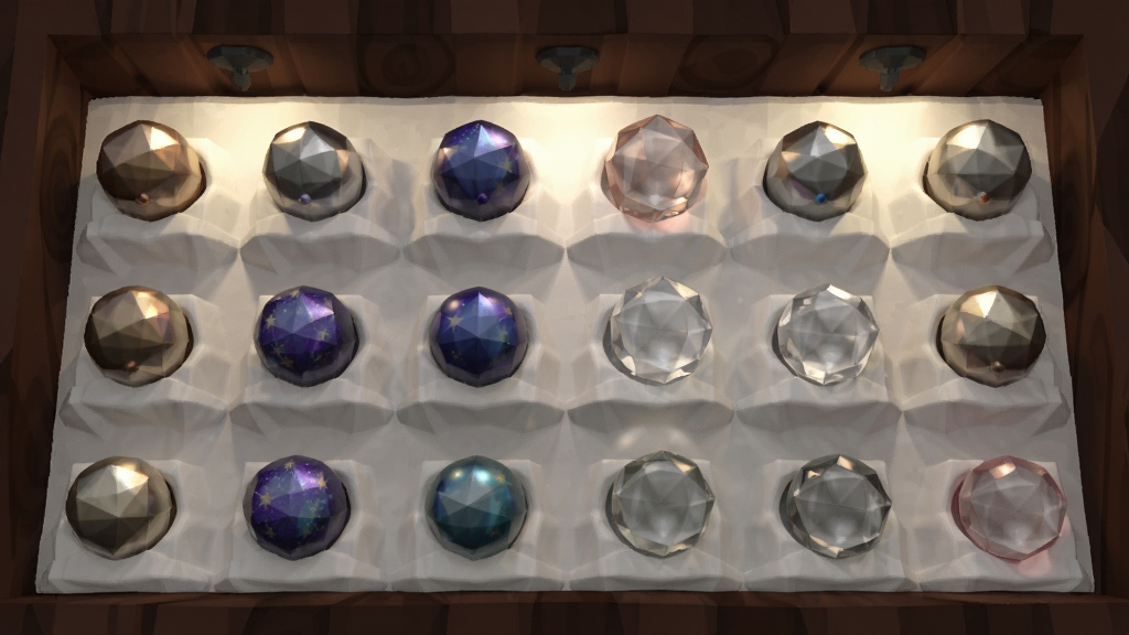 Marblebound游戏中的弹珠收集界面,画面中展示了多颗不同材质和颜色的弹珠排列在展示架上,包括金属色、星空色、透明水晶色等,背景是深色木质展柜,柔和灯光照射,低多边形风格,排版简洁,画质干净,无多余元素。