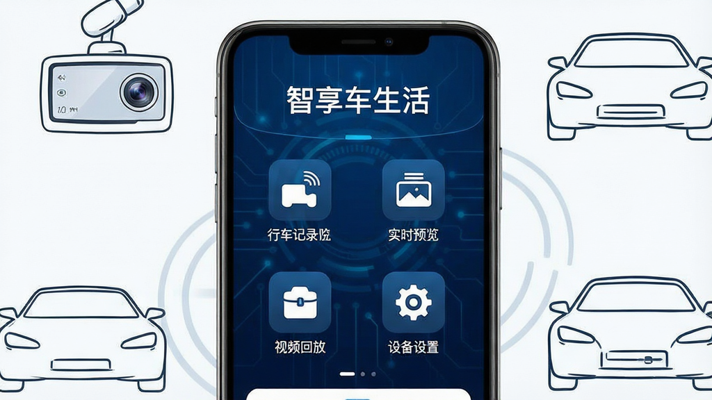 一张展示智享车生活软件主界面的手机屏幕截图,画面中央是软件首页,顶部显示“智享车生活”文字,下方排列着行车记录仪连接、实时预览、视频回放、设备设置等功能图标,背景为深蓝色科技风格,手机周围环绕着行车记录仪和汽车轮廓的简笔线条,整体布局清晰,风格现代简约,画质高清,干净无多余元素