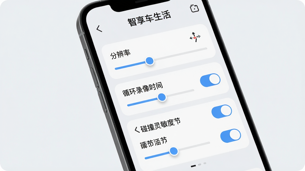 智享车生活设备设置界面,手机屏幕显示多个设置选项滑块和开关,包括分辨率选择、循环录像时间、碰撞灵敏度调节等,界面顶部有“智享车生活”文字标识,背景为浅色简约风格,画质高清,干净无多余元素