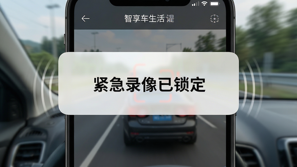 智享车生活紧急录像锁定提醒界面,手机屏幕弹出通知卡片,显示“紧急录像已锁定”提示文字,背景为汽车行驶道路场景,画面带有轻微震动特效线条,风格醒目清晰,画质高清,干净无多余元素