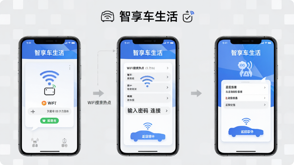 智享车生活新手连接操作步骤示意图,画面分为三个手机屏幕,分别展示打开WiFi搜索热点、输入密码连接、返回软件点击连接设备的操作流程,每个屏幕上方标注“智享车生活”文字,背景为浅灰色教程风格,画质高清,干净无多余元素
