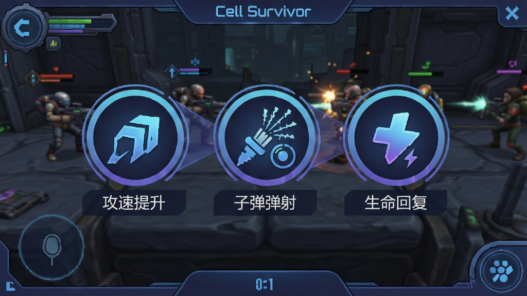 一张游戏内升级选择界面的截图,画面中央弹出三个圆形能力图标,分别代表攻速提升、子弹弹射和生命回复,图标下方有简短文字说明,背景是暂停的战斗画面,整体风格为科幻微观UI设计,色彩以蓝紫为主,画质清晰干净,无多余元素,图中带有