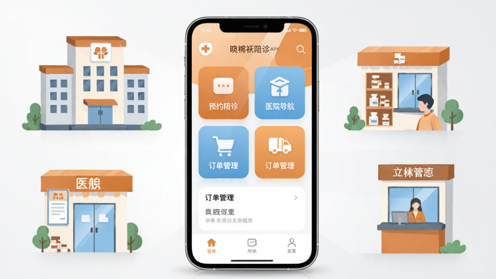 画面中央展示一部智能手机,手机屏幕上呈现晓棉袄陪诊APP的首页界面,界面中包含预约陪诊、医院导航、订单管理等模块图标,手机周围环绕着医院建筑、药房、挂号窗口等简洁的扁平化插画元素,整体布局采用居中构图,手机位于画面正中央,四周元素呈放射状排列,风格为现代扁平化UI插画风,色彩以温暖的橙色和浅蓝色为主色调,细节上手机屏幕有轻微反光效果,背景为干净的浅灰色渐变,画质清晰,画面干净,无多余元素
