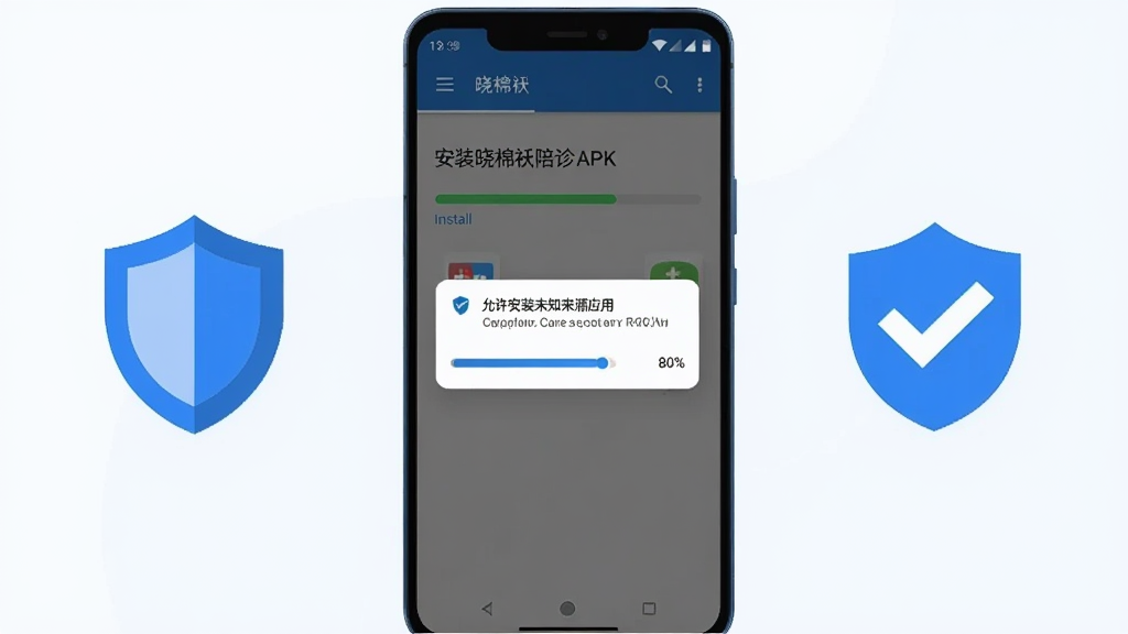画面展示一部安卓手机正在安装晓棉袄陪诊APK文件,手机屏幕上显示安装进度条和“允许安装未知来源应用”的提示弹窗,手机旁边有盾牌图标和勾选标记,布局采用手机居中、图标分列两侧的方式,风格为简洁科技插画,色彩以蓝色和白色为主,细节上进度条显示80%,画质清晰,干净,无多余元素