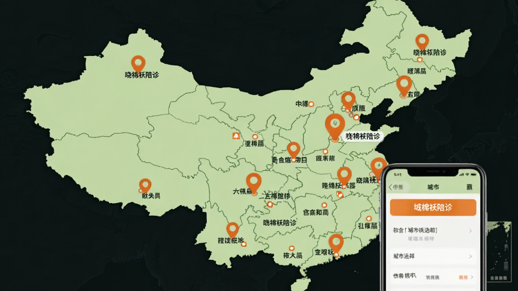 画面以中国地图轮廓为背景,地图上多个城市位置标注有定位图标和“晓棉袄陪诊”服务标签,地图前方有一部手机显示城市选择界面,布局采用地图占据画面主体、手机位于右下角的方式,风格为简洁信息图插画,色彩以浅绿色地图和橙色定位点为主,细节上地图城市名称清晰可见,画质清晰,干净,无多余元素