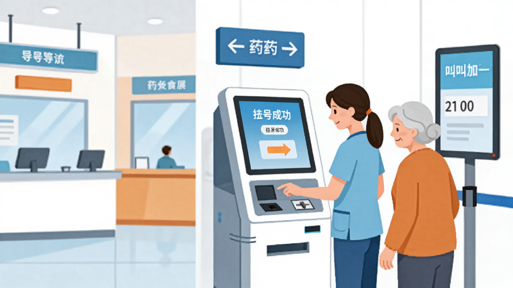 画面以医院大厅为背景,展示一位陪诊师正在自助挂号机前帮助一位阿姨操作取号,旁边有清晰的指示牌和排队叫号屏幕,画面采用扁平化插画风格,主体位于画面中央偏右位置,左侧用简洁的线条勾勒出医院导诊台和药房窗口,色彩以白色、浅蓝色和暖橙色为主,细节上自助机屏幕显示挂号成功界面,画质清晰,干净,无多余元素