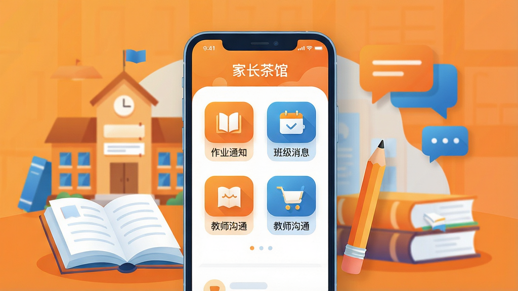 一张展示家长茶馆软件核心功能的宣传图,画面中央放置一部智能手机,手机屏幕上显示家长茶馆APP的首页界面,界面中包含作业通知、班级消息、教师沟通等图标,手机周围环绕着学校教学楼、书本、铅笔、对话框等元素,背景采用温暖明亮的橙蓝色调,整体布局居中对称,风格为扁平化插画风,细节包含柔和阴影和渐变色彩,画质高清,干净整洁,无多余元素